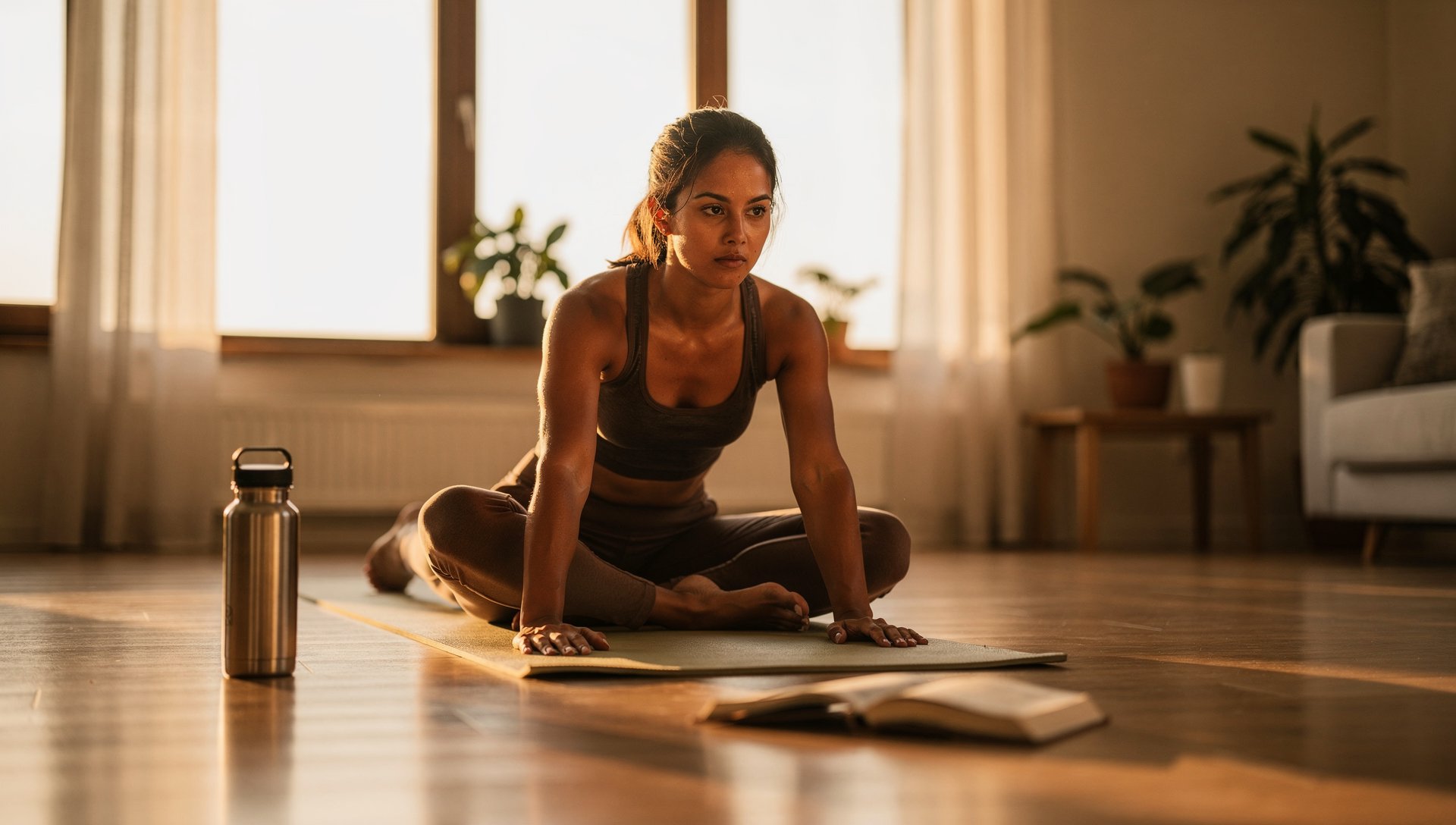 Personne en plein entraînement à la maison au lever du soleil, mode de vie sain et équilibré, esprit 75 Soft
