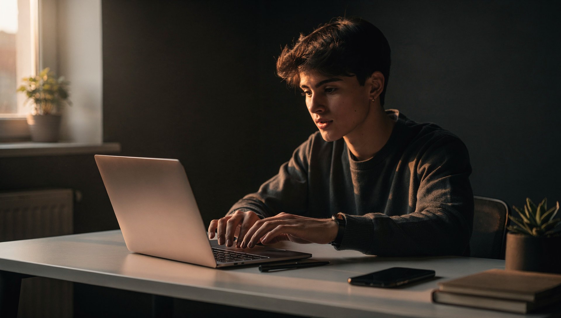 Jeune personne qui s'installe enfin pour travailler à un bureau épuré au petit matin, téléphone posé de côté