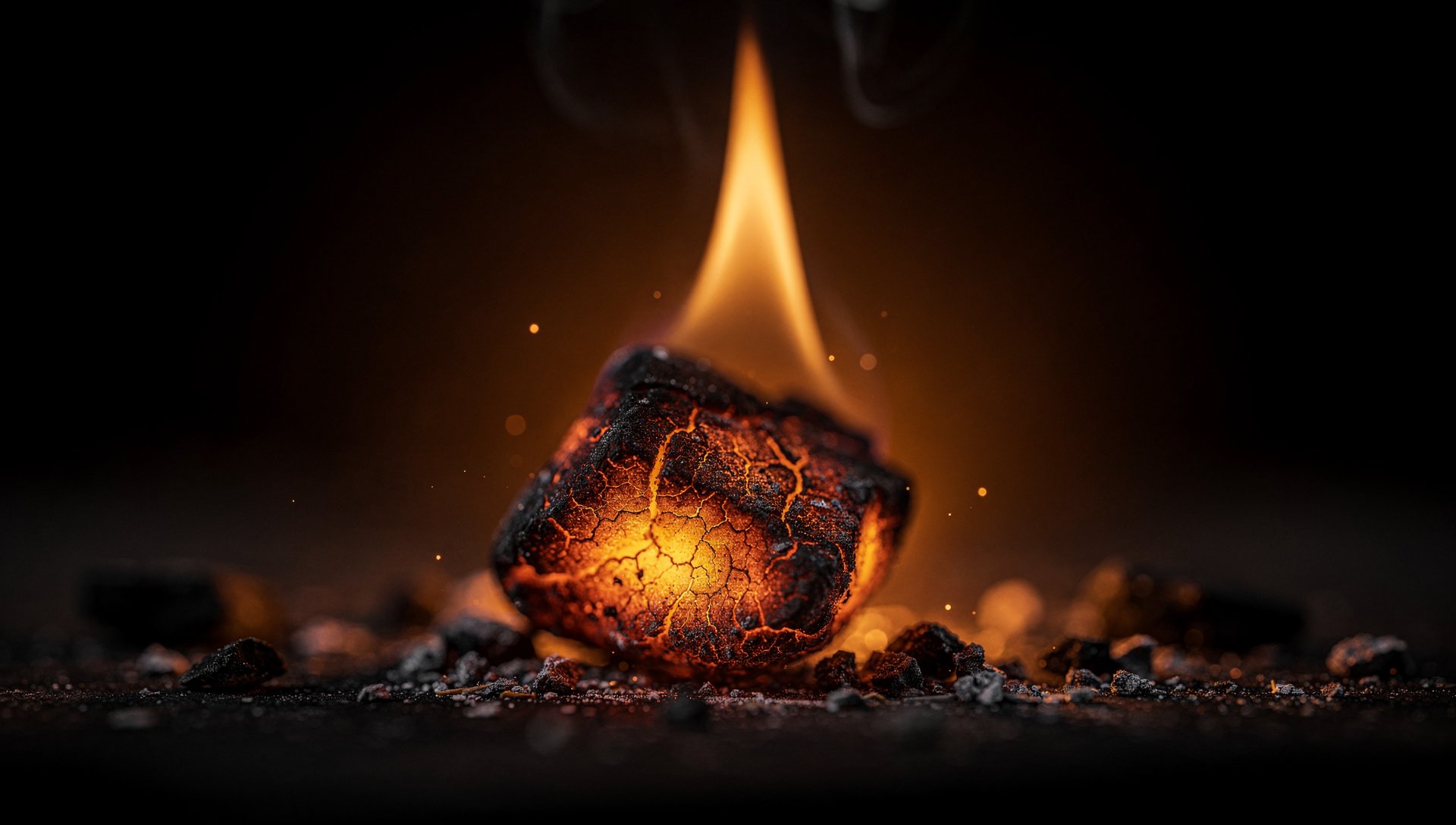 Braise incandescente et petite flamme qui brûle régulièrement dans l'obscurité, symbole de la constance et du feu intérieur