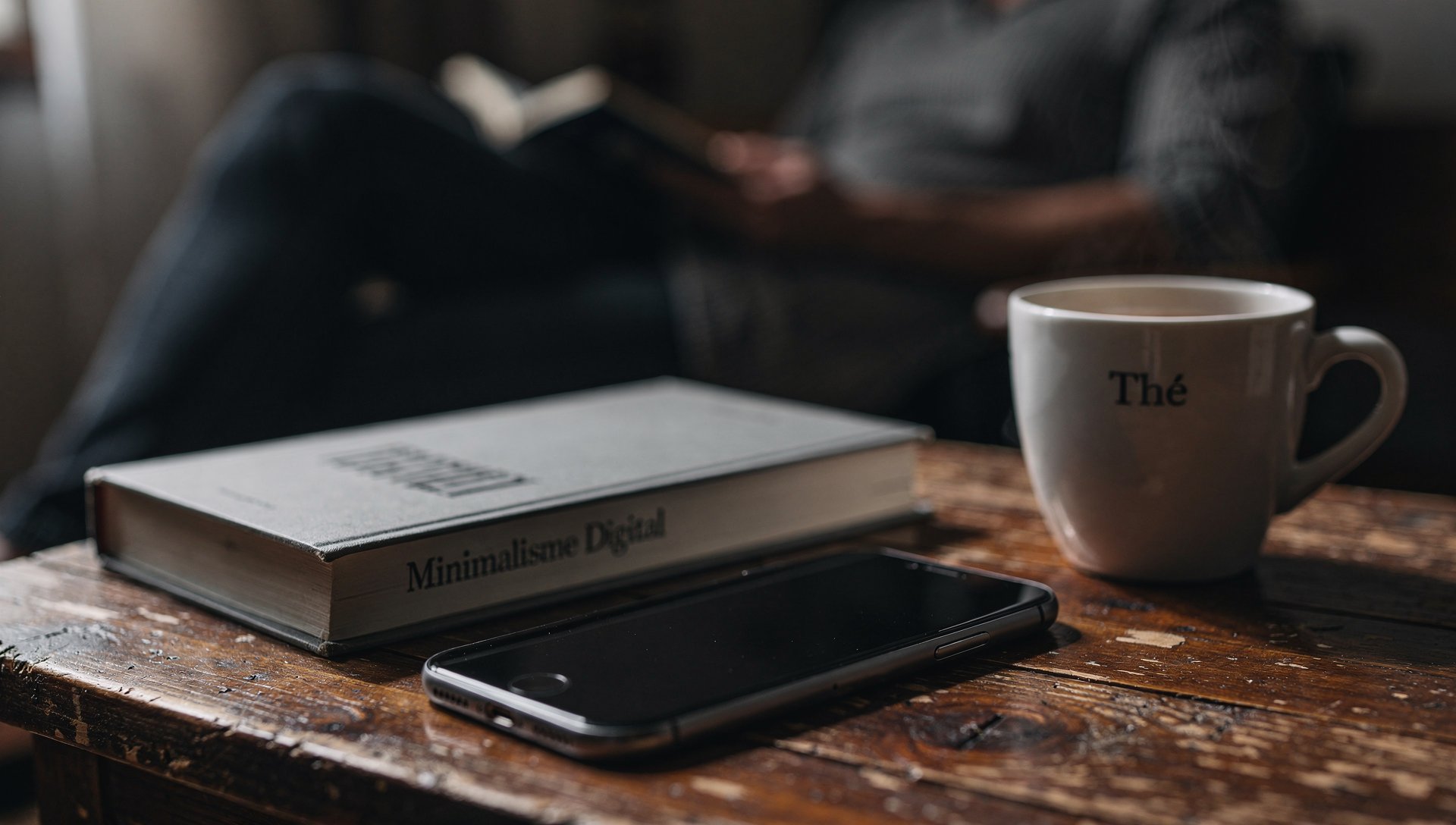 Téléphone éteint posé face contre table à côté d'un livre et d'une tasse, ambiance détox dopamine et minimalisme numérique