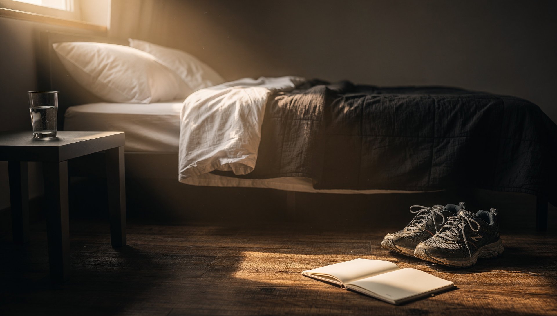 Scène du matin ordonnée avec lit fait, verre d'eau, chaussures de course et carnet ouvert, symbole des habitudes qui s'empilent