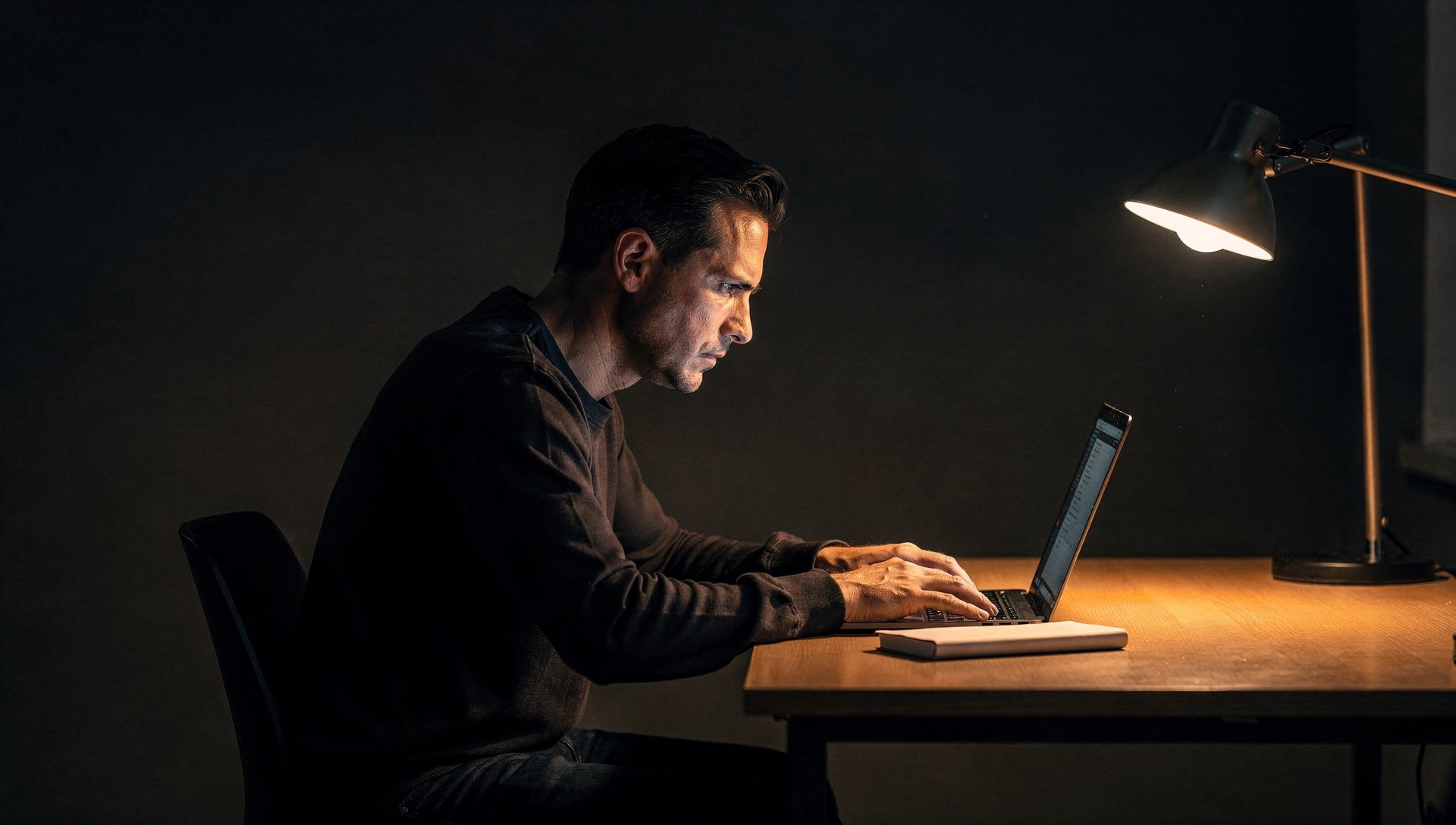 Man alone focused on a laptop in a dark room lit by a single lamp, monk mode
