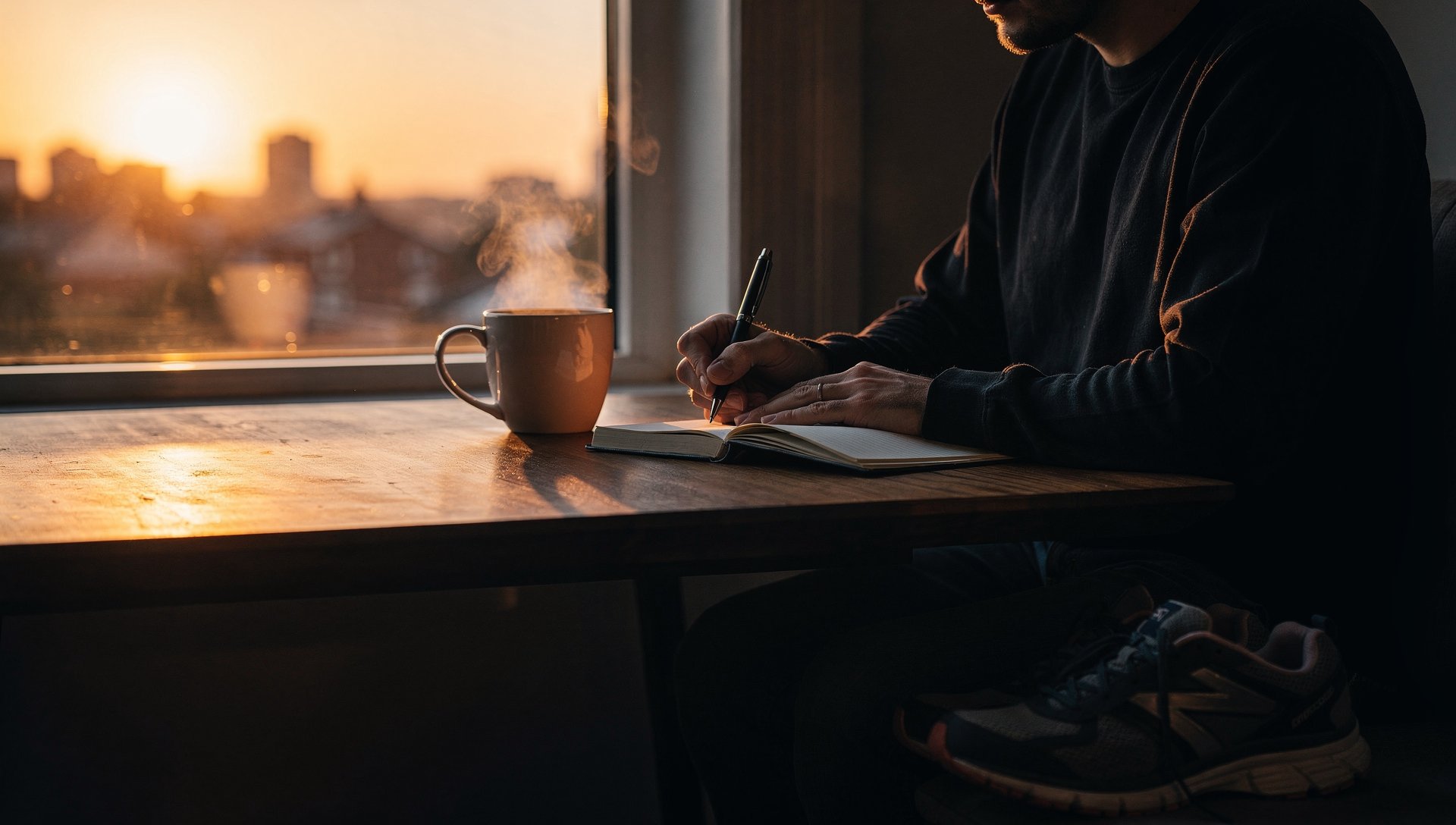 Personne qui écrit dans un journal à côté d'un café fumant au lever du soleil, chaussures de course à proximité