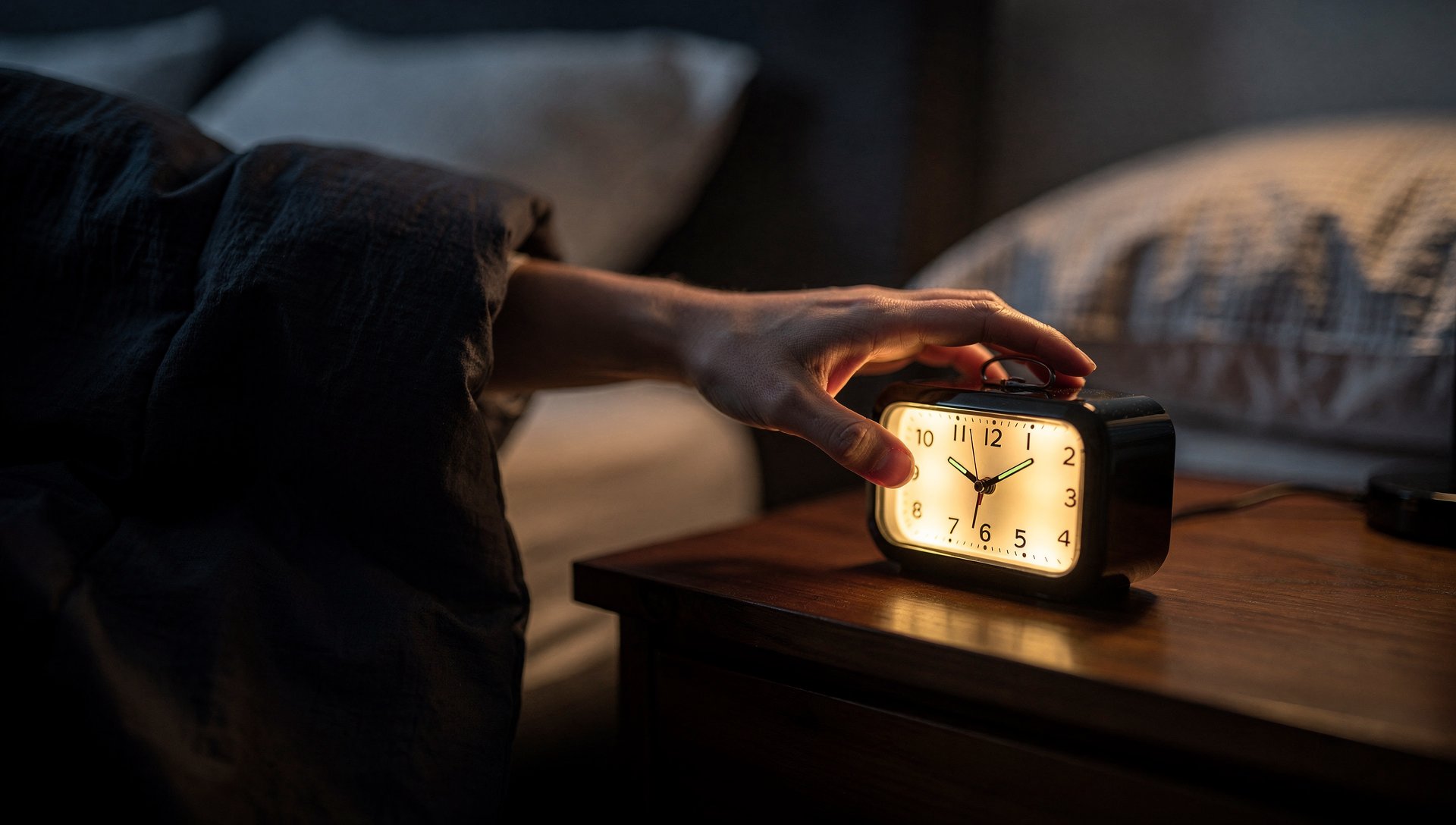 Main qui éteint un réveil sur la table de nuit à l'aube, lumière douce du matin, discipline du lever tôt