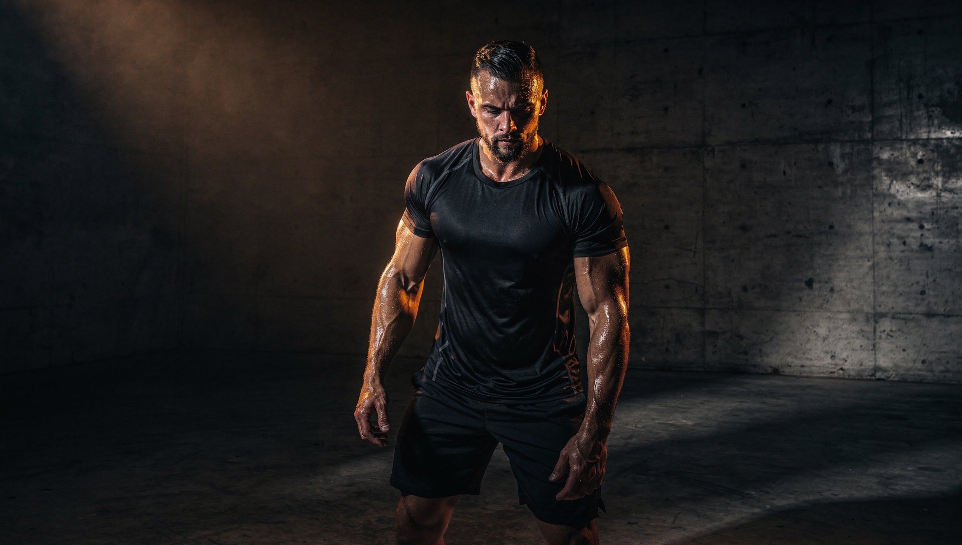 Homme concentré en plein effort matinal dans une salle sombre, image de la discipline personnelle