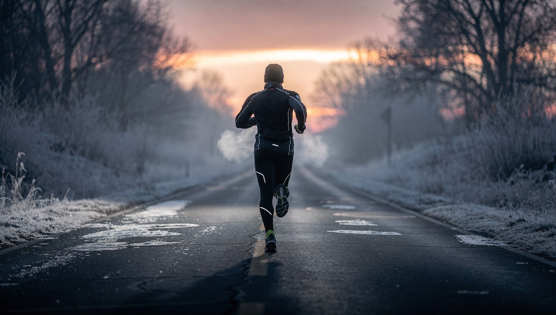 Coureur seul sur une route glacée à l'aube d'hiver, souffle visible, symbole du winter arc et de la discipline