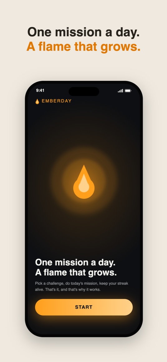 Home screen: one mission a day, a flame that grows