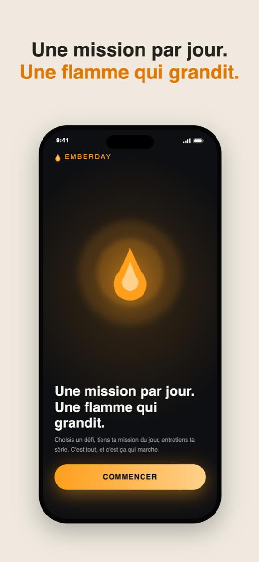 Écran d'accueil : une mission par jour, une flamme qui grandit